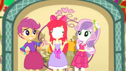 Size: 3410x1920 | Tagged: safe, derpibooru import, screencap, apple bloom, scootaloo, sweetie belle, a photo booth story, eqg summertime shorts, equestria girls, apple bloom's bow, balloon, bow, cutie mark crusaders, eyes closed, fall formal outfits, female, hair bow, high res, sleeveless