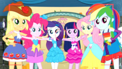 Size: 3410x1920 | Tagged: safe, derpibooru import, screencap, applejack, fluttershy, pinkie pie, rainbow dash, rarity, twilight sparkle, a photo booth story, eqg summertime shorts, equestria girls, bare shoulders, belt, bracelet, camera shot, cowboy hat, fall formal outfits, female, hairpin, hand on hip, hat, high res, humane five, humane six, jewelry, sleeveless, smiling, strapless, twilight ball dress