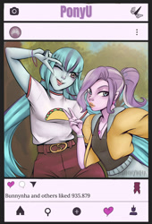 Size: 1024x1505 | Tagged: safe, artist:bunnynha, derpibooru import, diamond tiara, sonata dusk, equestria girls, breasts, cleavage, clothes, deviantart watermark, jacket, obtrusive watermark, selfie, shirt, watermark