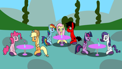 Size: 1920x1080 | Tagged: safe, artist:platinumdrop, derpibooru import, applejack, fluttershy, pinkie pie, rainbow dash, rarity, twilight sparkle, twilight sparkle (alicorn), oc, oc:penn rail, alicorn, mane six, request