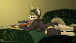 Size: 1500x857 | Tagged: safe, artist:miniferu, derpibooru import, oc, oc:marksmare, anthro, earth pony, bubblegum, butt, female, food, gum, military, offspring, parent:oc:sniper hooves, sniper, solo