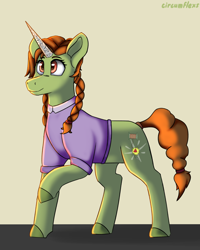 Size: 2000x2500 | Tagged: safe, artist:circumflexs, derpibooru import, oc, oc:vein, pony, unicorn, clothes, female, mare, ponytail, raised hoof, raised leg, solo