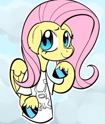 Size: 1690x2000 | Tagged: safe, artist:swagstapiece, derpibooru import, fluttershy, pegasus, pony, absurd resolution, clothes, ears, female, floppy ears, mare, shirt, smiling, solo, t-shirt, unshorn fetlocks