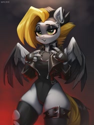 Size: 1050x1400 | Tagged: safe, artist:hattiezazu, derpibooru import, oc, oc only, oc:tlen borowski, anthro, pegasus, clothes, collar, ear piercing, earring, fingerless gloves, gloves, jacket, jewelry, leather jacket, leotard, lidded eyes, piercing, socks, spread wings, thigh highs, torn clothes, wings