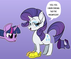 Size: 2135x1765 | Tagged: safe, artist:swagstapiece, derpibooru import, rarity, twilight sparkle, pony, unicorn, clothes, crocs, darling, duo, female, gradient background, mare, shoes, speech bubble, talking to viewer