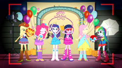 Size: 3410x1920 | Tagged: safe, derpibooru import, screencap, applejack, fluttershy, pinkie pie, rainbow dash, rarity, twilight sparkle, a photo booth story, eqg summertime shorts, equestria girls, balloon, bare shoulders, belt, boots, bracelet, camera shot, clothes, cutie mark on clothes, eyes closed, fall formal outfits, female, hairpin, high res, humane five, humane six, jewelry, open mouth, open smile, shoes, sleeveless, smiling, strapless, twilight ball dress
