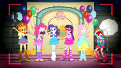 Size: 3410x1920 | Tagged: safe, derpibooru import, screencap, applejack, fluttershy, pinkie pie, rainbow dash, rarity, twilight sparkle, a photo booth story, eqg summertime shorts, equestria girls, balloon, bare shoulders, belt, boots, bracelet, camera shot, clothes, cowboy hat, crossed arms, cutie mark on clothes, eyes closed, fall formal outfits, female, hairpin, hat, high res, humane five, humane six, jewelry, shoes, sleeveless, smiling, strapless, twilight ball dress