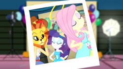 Size: 3410x1920 | Tagged: safe, derpibooru import, screencap, applejack, fluttershy, rarity, a photo booth story, eqg summertime shorts, equestria girls, balloon, bare shoulders, bracelet, eyes closed, fall formal outfits, female, hairpin, hand on hip, high res, jewelry, sleeveless, smiling, strapless, trio