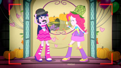 Size: 3410x1920 | Tagged: safe, derpibooru import, screencap, pinkie pie, twilight sparkle, a photo booth story, eqg summertime shorts, equestria girls, balloon, bare shoulders, boots, camera shot, cute, diapinkes, duo, duo female, eyes closed, fall formal outfits, female, grin, high res, shoes, sleeveless, smiling, strapless, twilight ball dress