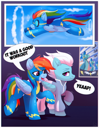 Size: 1830x2368 | Tagged: safe, artist:dinoalpaka, derpibooru import, fleetfoot, rainbow dash, pegasus, pony, comic:adventures rainbow dash, clothes, comic, dialogue, female, mare, speech bubble, uniform, wonderbolts uniform