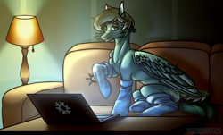 Size: 2800x1689 | Tagged: safe, artist:system-destroyer, artist:technodjent, derpibooru import, oc, oc only, oc:inex code, pegasus, pony, clothes, colored wings, computer, kneesocks, lamp, laptop computer, male, socks, sofa, solo, striped socks, tail, two toned mane, two toned tail, two toned wings, wings