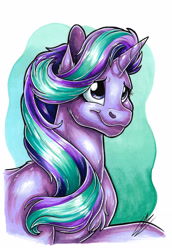 Size: 2417x3506 | Tagged: safe, artist:lupiarts, derpibooru import, starlight glimmer, unicorn, bust, commission, drawing, fanart, female, illustration, portrait, shiny, simple background, solo, traditional art, white background