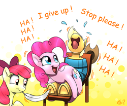 Size: 1898x1584 | Tagged: safe, artist:questionmarkdragon, derpibooru import, apple bloom, applejack, pinkie pie, earth pony, pony, applejack's hat, bondage, chair, clothes, cowboy hat, cute, feather, female, filly, foal, hat, hoof tickling, laughing, mare, mouth hold, open mouth, open smile, restrained, smiling, tickling, underhoof, volumetric mouth