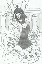 Size: 1024x1561 | Tagged: safe, artist:rogelis, derpibooru import, scootaloo, sweetie belle, annoyed, duck tales 2017, food, lord dominator, pizza, traditional art, unamused, wander over yonder, wreck-it ralph