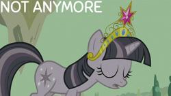 Size: 1280x720 | Tagged: safe, derpibooru import, edit, edited screencap, editor:quoterific, screencap, twilight sparkle, unicorn twilight, pony, unicorn, season 2, the return of harmony, big crown thingy, discorded, discorded twilight, element of magic, eyes closed, female, jewelry, mare, open mouth, regalia, solo, text