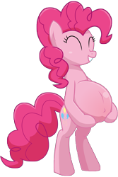 Size: 5400x8100 | Tagged: safe, artist:xniclord789x, derpibooru import, pinkie pie, earth pony, pony, belly, belly button, big belly, bipedal, cute, diapinkes, eyes closed, female, grin, happy, hoof on belly, mare, outie belly button, preggy pie, pregnant, simple background, smiling, solo, transparent background