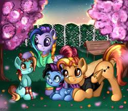 Size: 1280x1110 | Tagged: safe, artist:appleneedle, derpibooru import, pegasus, pony, art, character, cherry blossoms, commission, digital, draw, drawing, family, fanart, female, filly, flower, flower blossom, foal, garden, love, nature, paint, painting, park