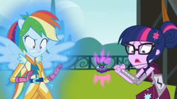 Size: 3410x1920 | Tagged: safe, derpibooru import, screencap, rainbow dash, sci-twi, twilight sparkle, equestria girls, friendship games, duo, duo female, female, glasses, high res, magic, magic capture device, open mouth, ponied up, shrunken pupils, spread wings, wings