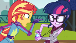 Size: 3410x1920 | Tagged: safe, derpibooru import, screencap, sci-twi, sunset shimmer, twilight sparkle, equestria girls, friendship games, duo, duo female, female, glasses, high res, magic capture device, open mouth, pointing