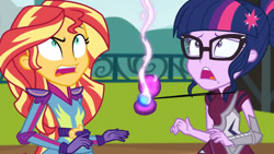 Size: 3410x1920 | Tagged: safe, derpibooru import, screencap, sci-twi, sunset shimmer, twilight sparkle, equestria girls, friendship games, duo, duo female, female, glasses, high res, magic capture device, open mouth