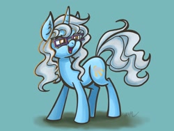 Size: 2048x1536 | Tagged: safe, artist:catscratchpaper, derpibooru import, oc, oc only, oc:silver lining, pony, unicorn, blue background, female, glasses, horn, open mouth, simple background, unicorn oc