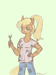 Size: 1536x2048 | Tagged: safe, artist:catscratchpaper, derpibooru import, oc, oc only, anthro, unicorn, anthro oc, clothes, female, horn, mechanic, simple background, solo, unicorn oc, wrench