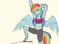 Size: 2048x1536 | Tagged: safe, artist:catscratchpaper, derpibooru import, rainbow dash, anthro, pegasus, unguligrade anthro, clothes, female, mare, midriff, shorts, simple background, solo, sports bra, spread wings, stretching, wings