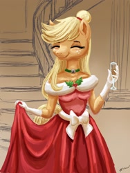 Size: 1536x2048 | Tagged: safe, artist:catscratchpaper, derpibooru import, applejack, anthro, earth pony, applejack also dresses in style, bell, bell collar, christmas, clothes, collar, dress, eyes closed, female, glass, gown, holiday, holly, mare, smiling, solo, wine glass