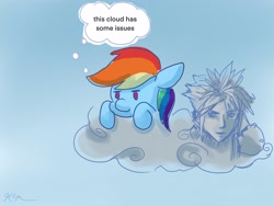 Size: 2048x1536 | Tagged: safe, artist:catscratchpaper, derpibooru import, rainbow dash, pegasus, pony, captain obvious, cloud strife, crossover, female, final fantasy, final fantasy vii, thought bubble