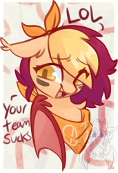 Size: 852x1246 | Tagged: safe, artist:drawtheuniverse, derpibooru import, oc, oc only, oc:pep rally, bat pony, pony, abstract background, bandana, bust, cheerleader, dialogue, eye clipping through hair, female, lol, mare, open mouth, open smile, smiling, solo, watermark