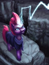 Size: 1536x2048 | Tagged: safe, artist:catscratchpaper, derpibooru import, tempest shadow, pony, unicorn, broken horn, female, horn, lightning, magic, open mouth, solo