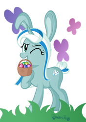 Size: 1280x1820 | Tagged: safe, artist:tenderrain-art, derpibooru import, oc, oc only, oc:tender rain, pony, unicorn, basket, bunny ears, easter egg, female, grass, hoof on chest, hooves, horn, mare, mouth hold, one eye closed, shading, signature, simple background, smiling, solo, standing, tail, transparent background, two toned mane, two toned tail, unicorn oc, wink