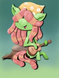 Size: 1536x2048 | Tagged: safe, artist:catscratchpaper, derpibooru import, tree hugger, earth pony, pony, bandana, female, gradient background, guitar, hair over eyes, mare, musical instrument, open mouth, singing, solo, tree stump