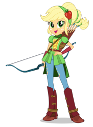 Size: 1400x1922 | Tagged: dead source, safe, derpibooru import, applejack, equestria girls, friendship games, alternate hairstyle, archery, arrow, boots, bow (weapon), bow and arrow, clothes, female, freckles, hand on hip, looking at you, official, open mouth, quiver, school spirit, shoes, simple background, solo, transparent background, vector, weapon, wondercolts