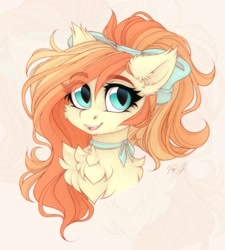 Size: 1800x2000 | Tagged: safe, artist:vird-gi, derpibooru import, oc, oc only, oc:sunshine drift, bat pony, pony, bat pony oc, bow, bust, chest fluff, ear fluff, ears, eyebrows, eyebrows visible through hair, fangs, female, hair bow, looking at you, mare, necktie, portrait, signature, simple background, smiling, smiling at you, solo