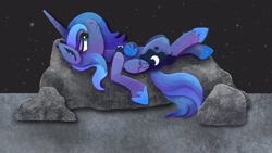 Size: 2048x1152 | Tagged: safe, artist:catscratchpaper, derpibooru import, princess luna, alicorn, pony, female, lying down, on back, rock, s1 luna, solo