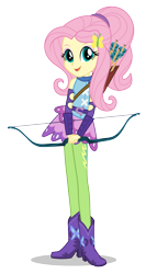 Size: 1062x2000 | Tagged: dead source, safe, derpibooru import, fluttershy, equestria girls, friendship games, alternate hairstyle, archery, arrow, boots, bow (weapon), bow and arrow, clothes, female, hands together, looking at you, official, open mouth, open smile, quiver, school spirit, shoes, simple background, sleeveless, smiling, solo, transparent background, vector, weapon, wondercolts