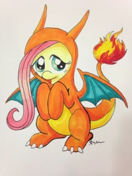 Size: 1536x2048 | Tagged: safe, artist:catscratchpaper, derpibooru import, fluttershy, pony, charizard, clothes, costume, cute, female, pokémon, shyabetes, solo, traditional art