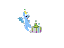 Size: 6400x4800 | Tagged: safe, derpibooru import, oc, oc only, oc:snow heart, alicorn, bat pony, bat pony alicorn, frog, bat wings, cake, digital art, ear fluff, ears, food, happy, horn, membranous wings, pineapple, simple background, transparent background, wings