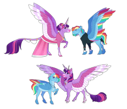 Size: 5000x4300 | Tagged: safe, artist:uunicornicc, derpibooru import, rainbow dash, twilight sparkle, twilight sparkle (alicorn), alicorn, classical unicorn, pegasus, pony, unicorn, accessories, alternate design, cheek fluff, clothes, cloven hooves, coat markings, colored wings, crown, dress, eyeshadow, facial markings, female, folded wings, hoof shoes, jewelry, leonine tail, lesbian, makeup, multicolored wings, neck fluff, peytral, rainbow wings, raised hoof, raised leg, regalia, shipping, simple background, size difference, smiling, snip (coat marking), spread wings, suit, tail, transparent background, tuxedo, twidash, unshorn fetlocks, wings