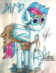 Size: 2977x3883 | Tagged: safe, artist:aldairsparkle, derpibooru import, oc, oc:alansparks, pegasus, pony, all'swork studios, color drawing, happy, happy face, pencil, pencil drawing, photo, solo, spoilers for another series, spread wings, traditional art, unknown language, wings