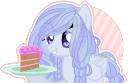 Size: 954x621 | Tagged: safe, artist:toffeelavender, derpibooru import, oc, oc only, pegasus, pony, base used, braid, cake, eye clipping through hair, food, grin, heart eyes, pegasus oc, plate, simple background, smiling, solo, transparent background, wingding eyes, wings