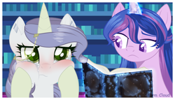 Size: 2942x1680 | Tagged: safe, artist:stormcloud-yt, derpibooru import, oc, oc only, pony, unicorn, base used, blushing, book, cheek squish, frown, glowing, glowing horn, horn, horn jewelry, indoors, jewelry, magic, offspring, parent:flash sentry, parent:rarity, parent:thunderlane, parent:twilight sparkle, parents:flashlight, parents:rarilane, smiling, squishy cheeks, telekinesis, unicorn oc