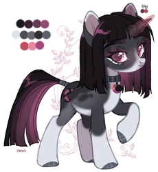 Size: 919x999 | Tagged: safe, artist:miioko, derpibooru import, oc, oc only, pony, unicorn, collar, deviantart watermark, eyelashes, glowing, glowing horn, hoof polish, horn, obtrusive watermark, raised hoof, raised leg, reference sheet, simple background, solo, unicorn oc, watermark, white background