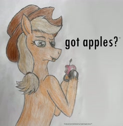 Size: 3612x3690 | Tagged: safe, derpibooru import, applejack, earth pony, pony, apple, female, food, got milk, hat, mare, text, traditional art