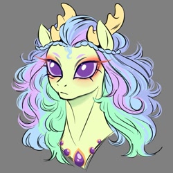 Size: 883x883 | Tagged: safe, artist:miatsukyyy, derpibooru import, oc, oc:solaris, changepony, hybrid, bust, female, gray background, interspecies offspring, offspring, parent:princess celestia, parent:thorax, parents:thoralestia, portrait, simple background, solo