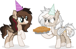 Size: 3055x1962 | Tagged: safe, artist:suramii, derpibooru import, oc, oc only, oc:cuddy, oc:ryolit, bat pony, pony, female, food, hat, mare, party hat, pie, simple background, transparent background