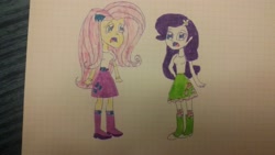 Size: 3264x1836 | Tagged: safe, artist:ironm17, derpibooru import, fluttershy, rarity, equestria girls, accessory swap, belt, boots, clothes, clothes swap, graph paper, hairclip, hairpin, high heel boots, shirt, shoes, skirt, socks, solo, traditional art