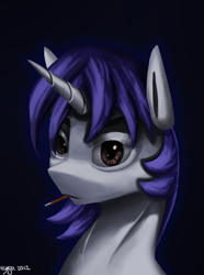 Size: 1000x1346 | Tagged: safe, artist:vezja, derpibooru import, oc, oc:starry night (eaw), pony, unicorn, equestria at war mod, bust, cigar, female, horn, mare, portrait, signature, simple background, smoking, solo, tired