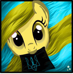 Size: 597x604 | Tagged: safe, artist:mlp1drawer, derpibooru import, oc, oc:ukraine, earth pony, pony, mouth hold, nation ponies, national emblem, solo, trident, ukraine